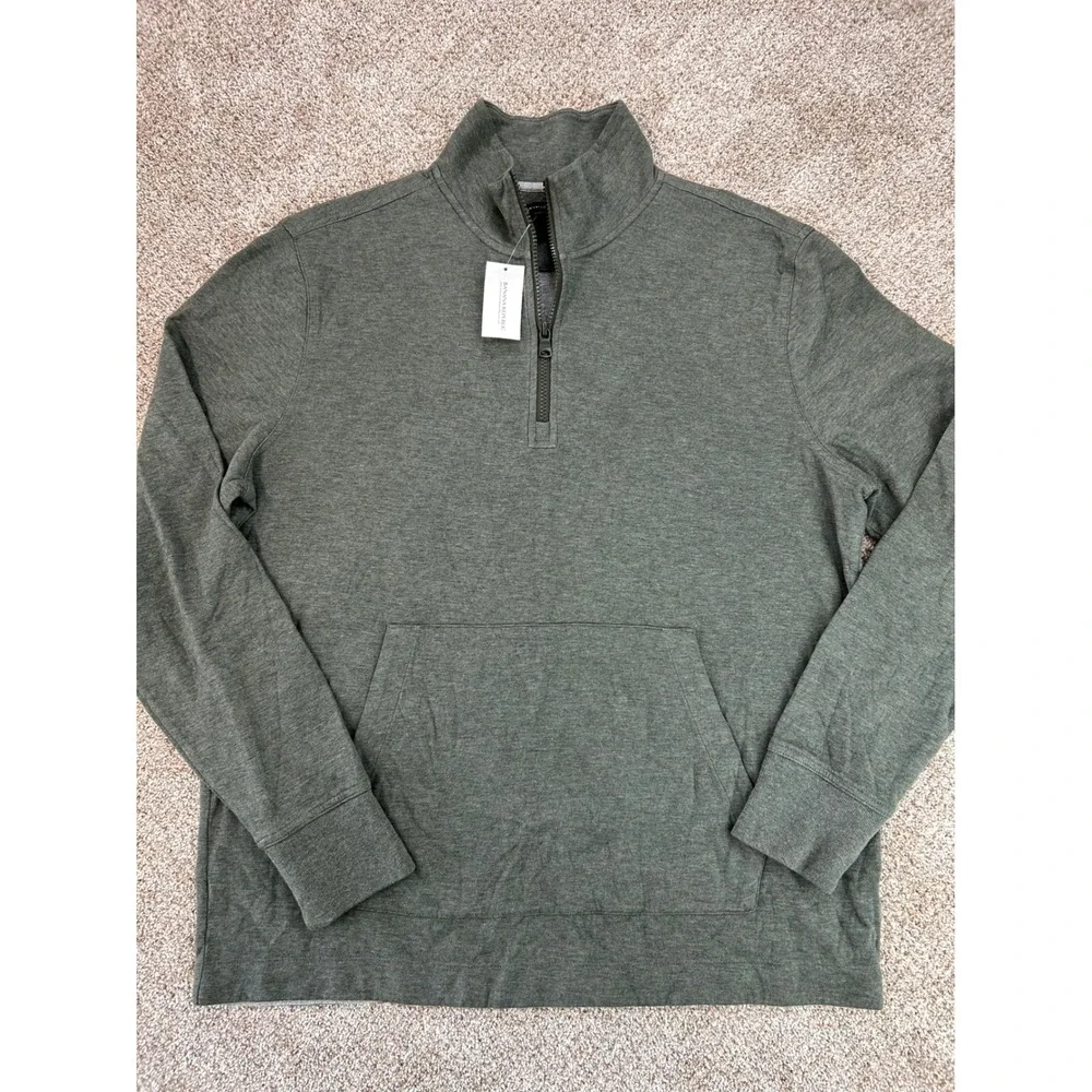 Banana Republic Mens XL Olive Green Heather Quarter-Zip Pullover Kangaroo Pocket